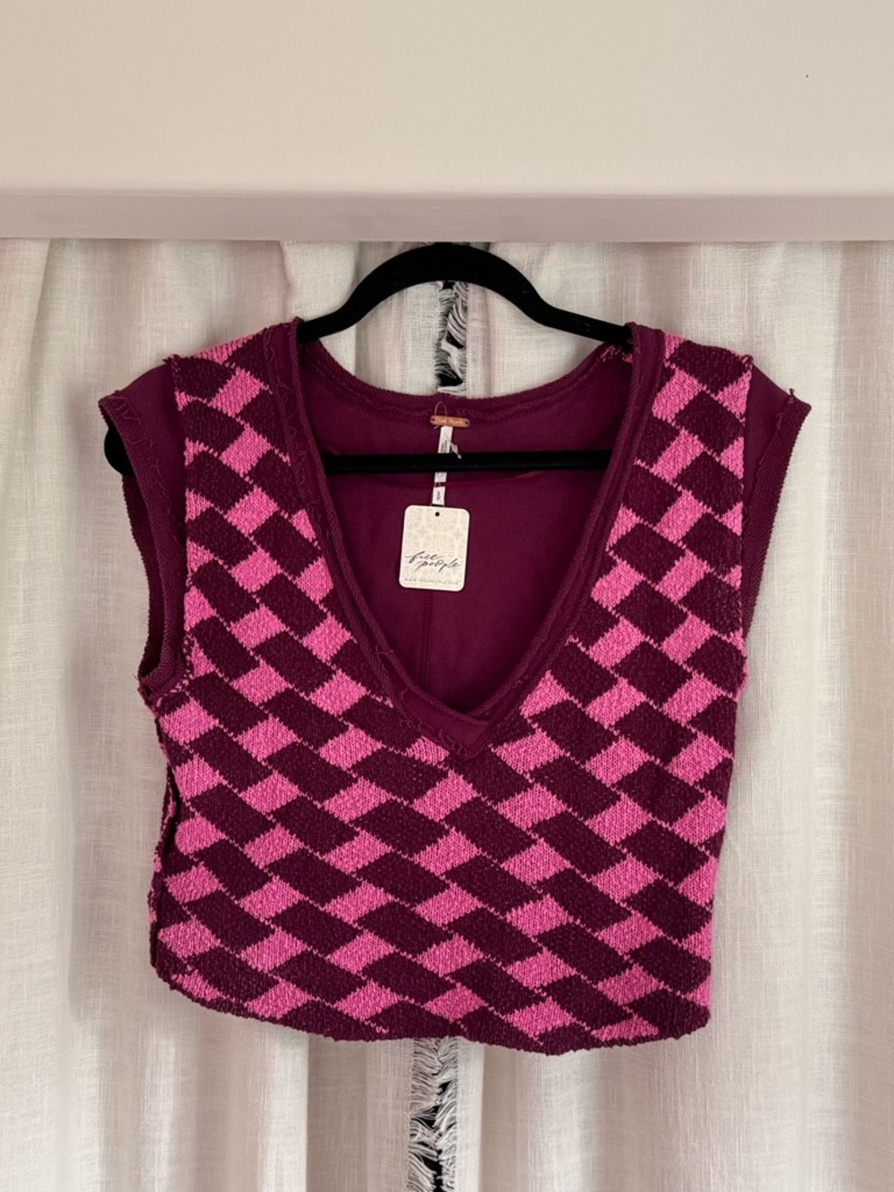 Free People Pink and Magenta Check Knit V-Neck Tank